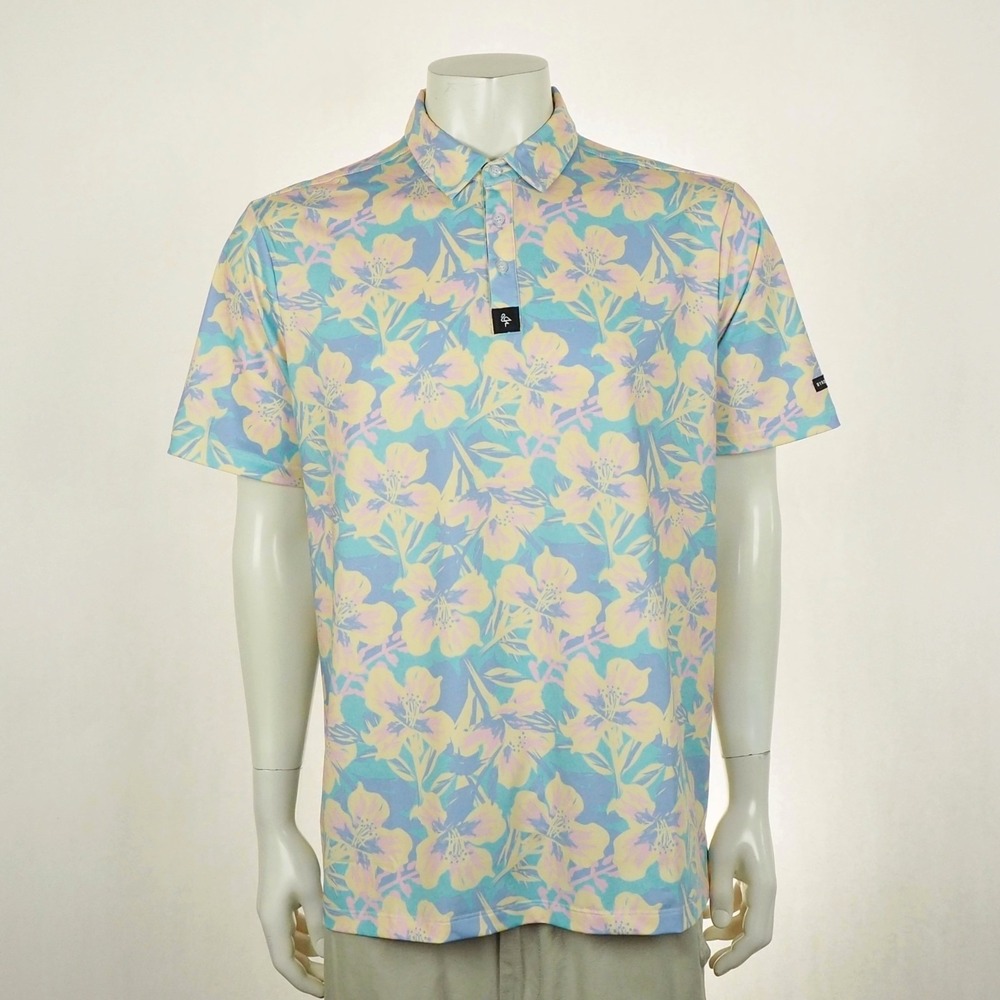 Byrdgang Golf Polo Shirt Mens Large Blue Floral Pastel Petals Performance Blend